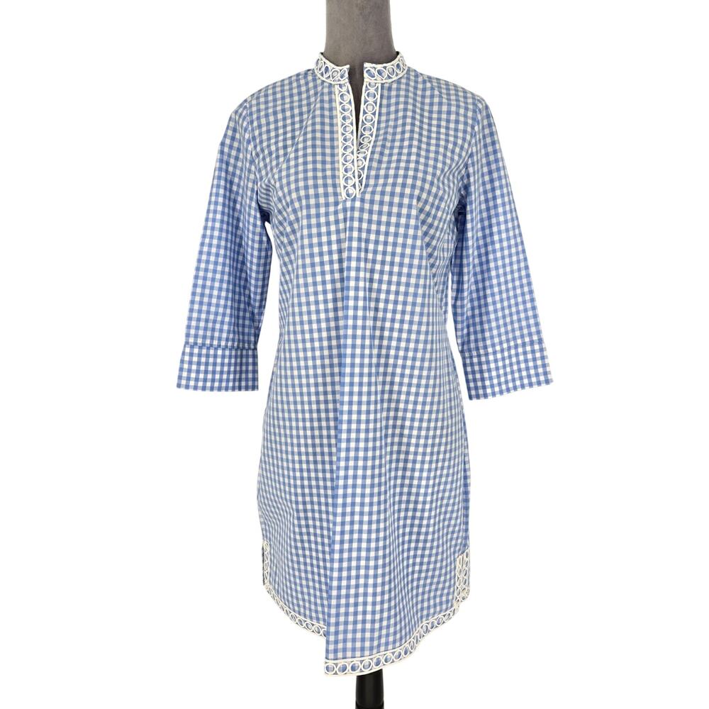 Haley and the Hound Dress Womens Small Blue White Check Cotton Embroidery Resort